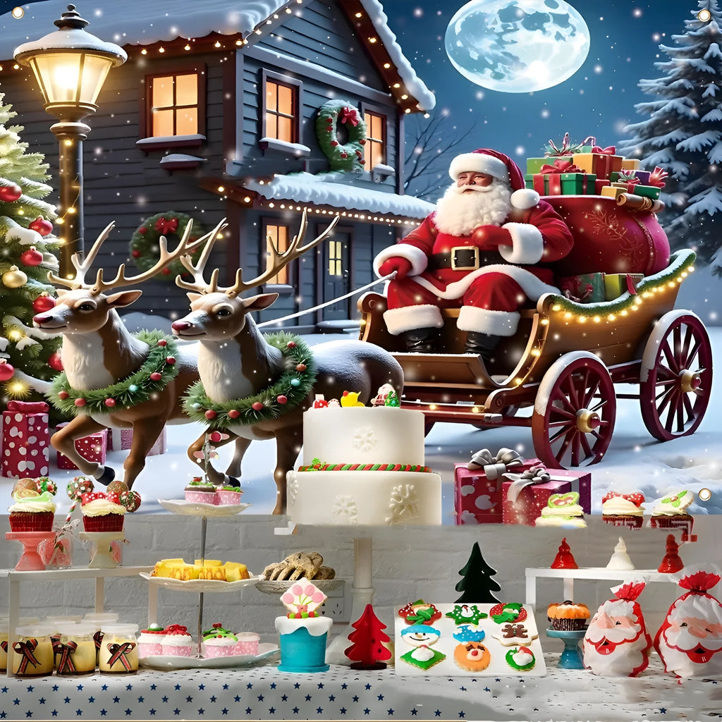 Large red Christmas banner with Santa Claus and gifts on a night scene, measuring 210cm by 150cm.