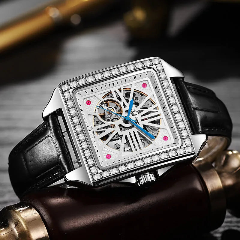 Men's square automatic watch with diamond studs on a stainless steel bracelet