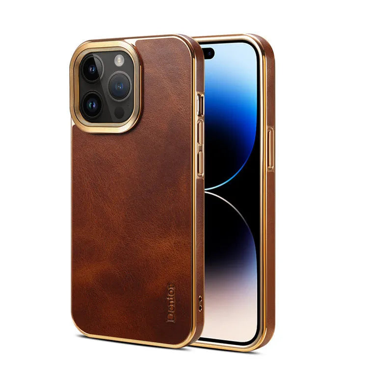 Handmade brown genuine leather iPhone case showing textured surface and slim profile on an iPhone 15 Pro.