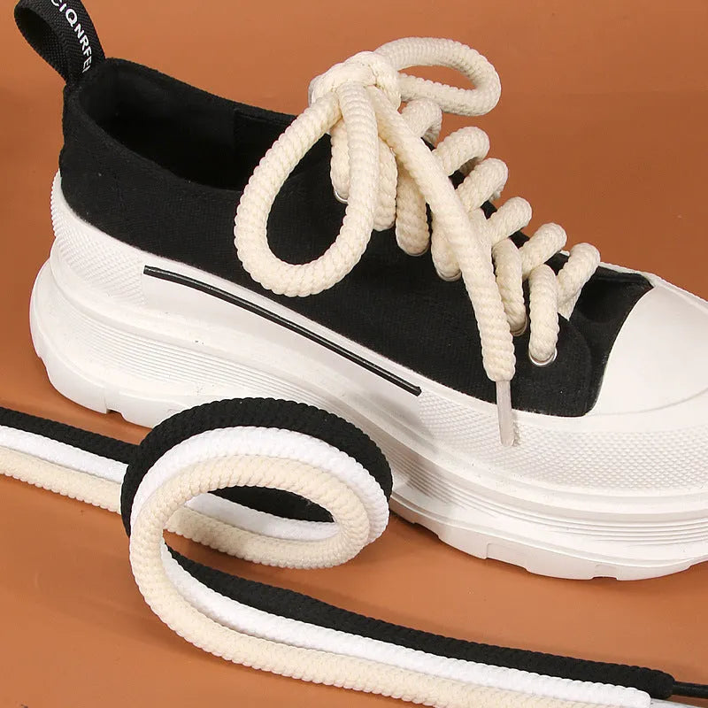 Solid colour round woven shoelaces showing white, black, and beige options with length and thickness choices