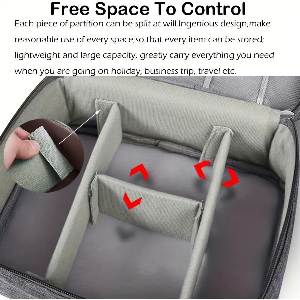 Black waterproof cable organizer bag open, showing removable dividers and mesh pockets for electronics.