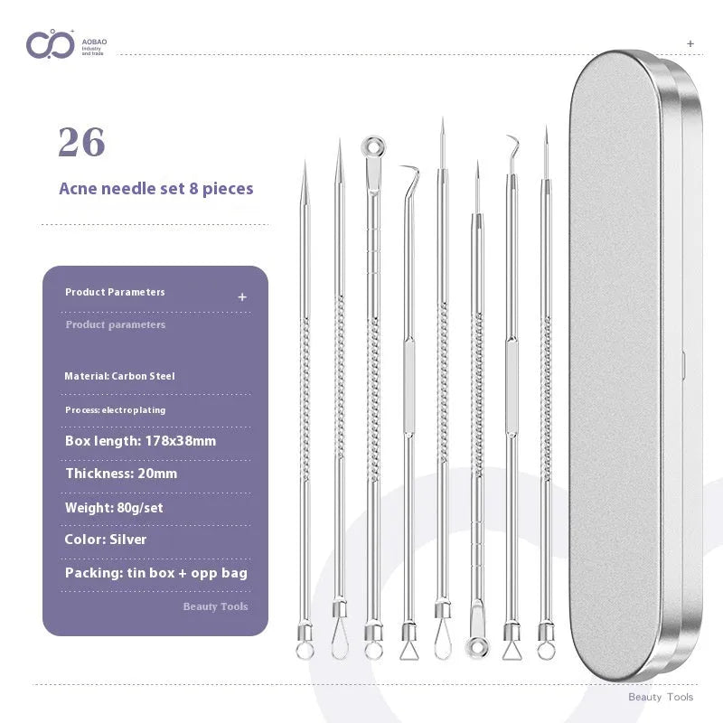 Four silver metal acne needles with ultra-fine pointed tips for blackhead extraction.