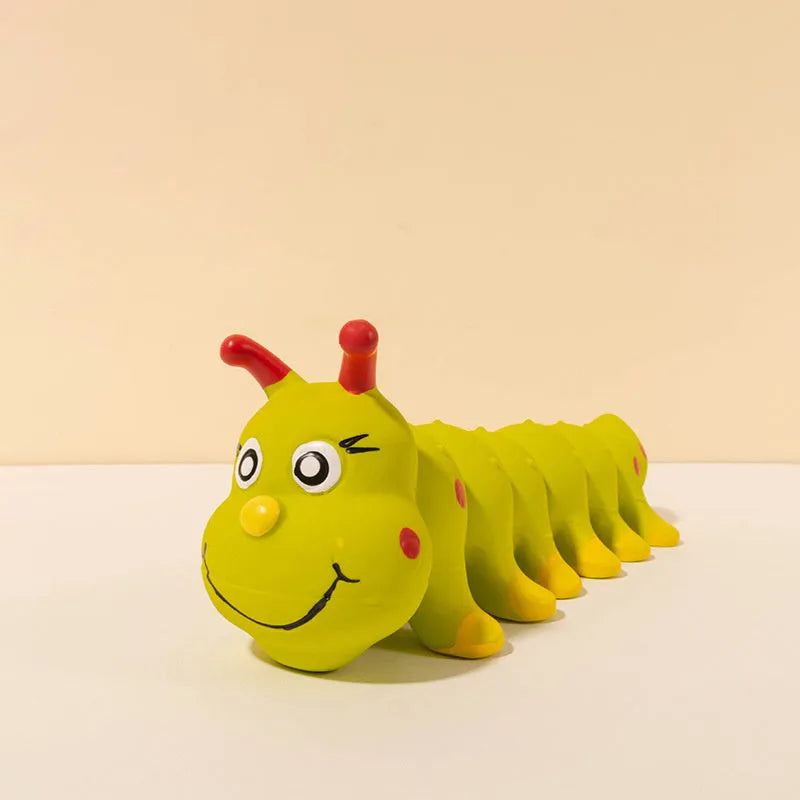 Yellow caterpillar rubber dog squeaky toy for small medium breeds on white background