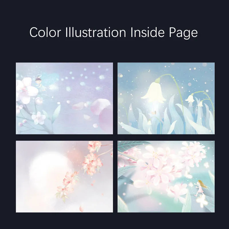A5 notebook with luminous cover open to show colour illustrated pages, available in four colours.