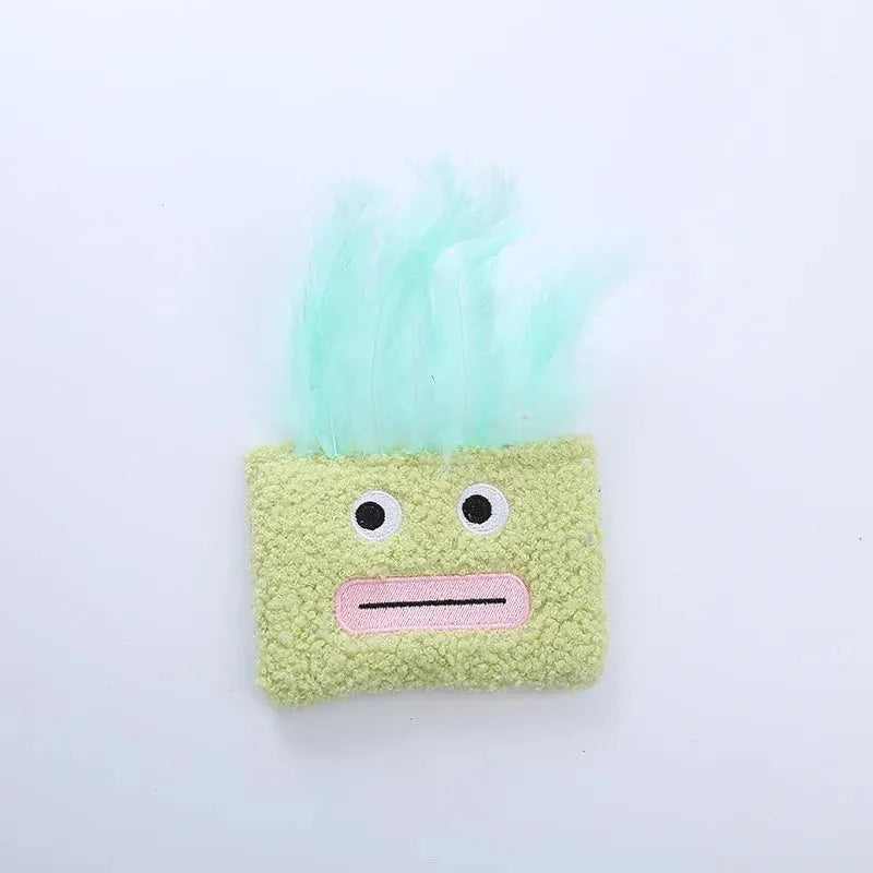 Colourful catnip plush toy with big mouth explosion head shape in blue, green, orange, and purple options