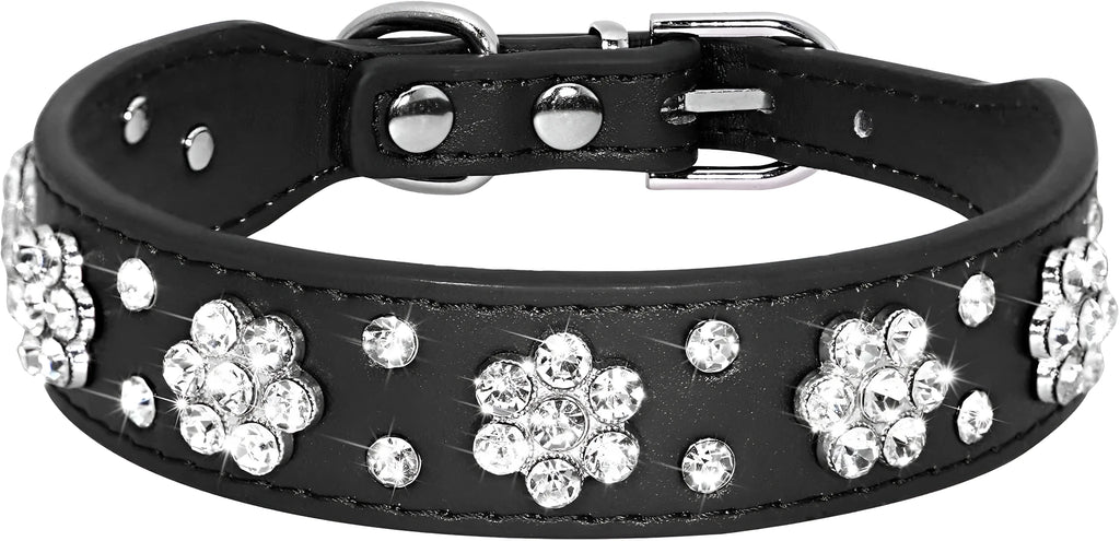 Rhinestone flower pattern studded PU leather dog collar in multiple colours for small medium dogs