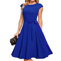 Sleeveless black lace-up waist party dress with oversized swing skirt mid-length design