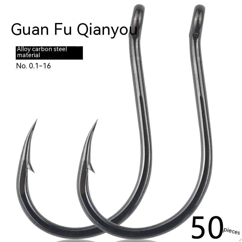 Bulk pack of barbed alloy carbon steel sea fishing hooks with a crooked mouth and hole ring design.
