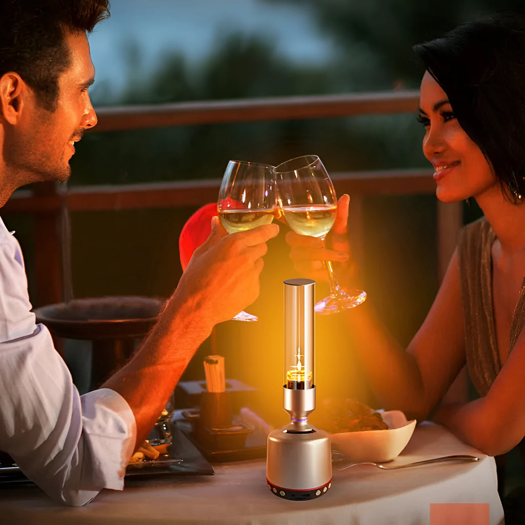 White silver Bluetooth speaker with candlelight-style night light function