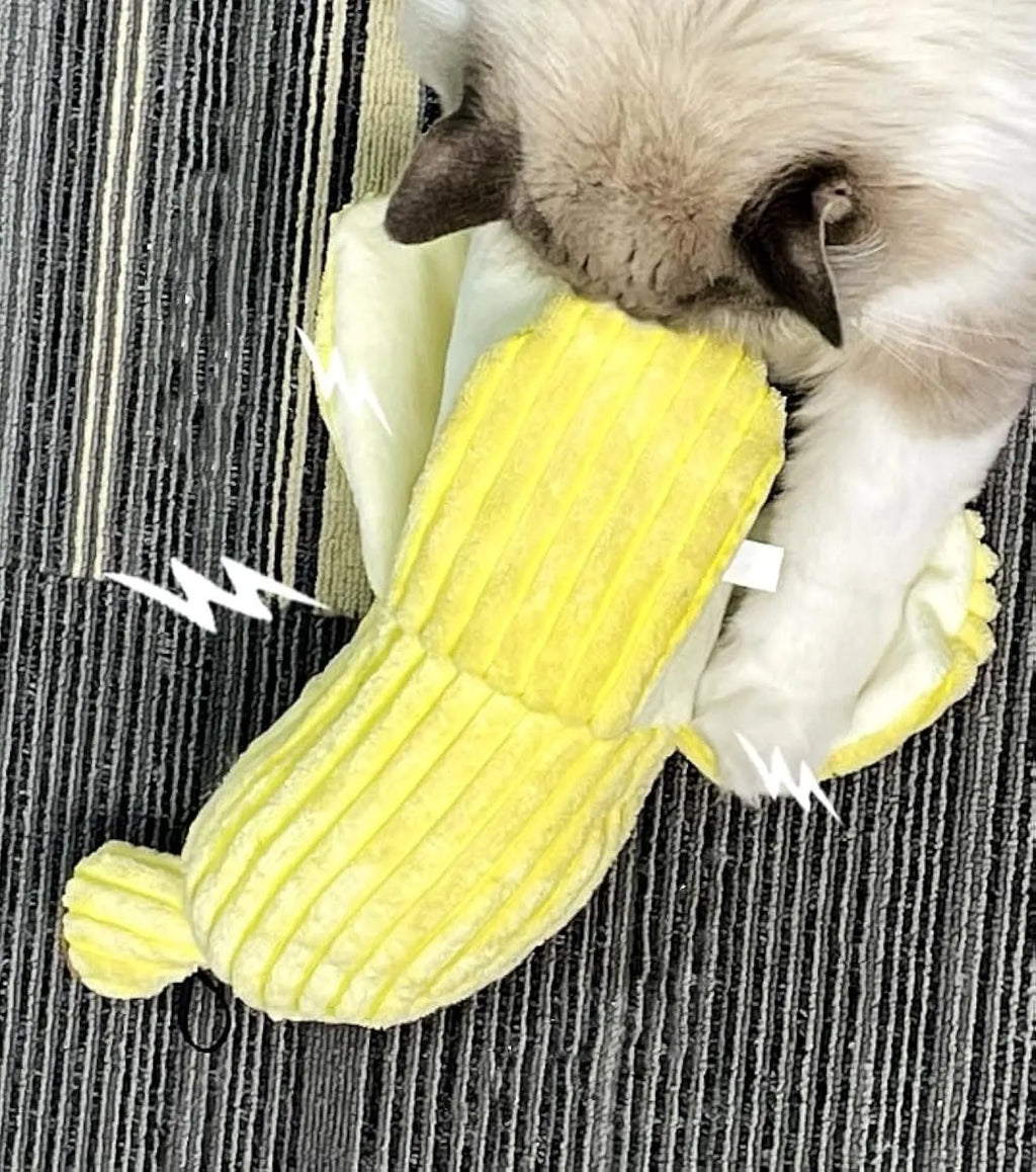Yellow banana-shaped plush cat toy with crinkle paper and catnip filling.