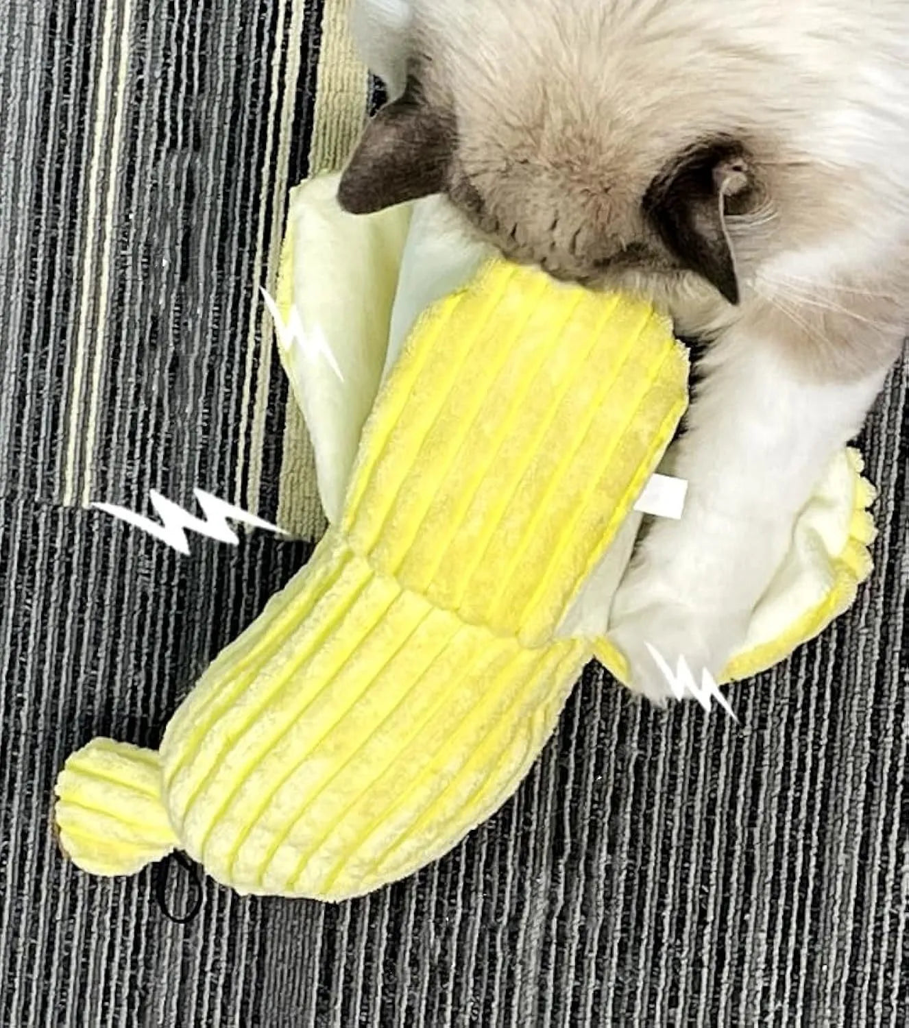 Yellow banana-shaped plush cat toy with crinkle paper and catnip filling.