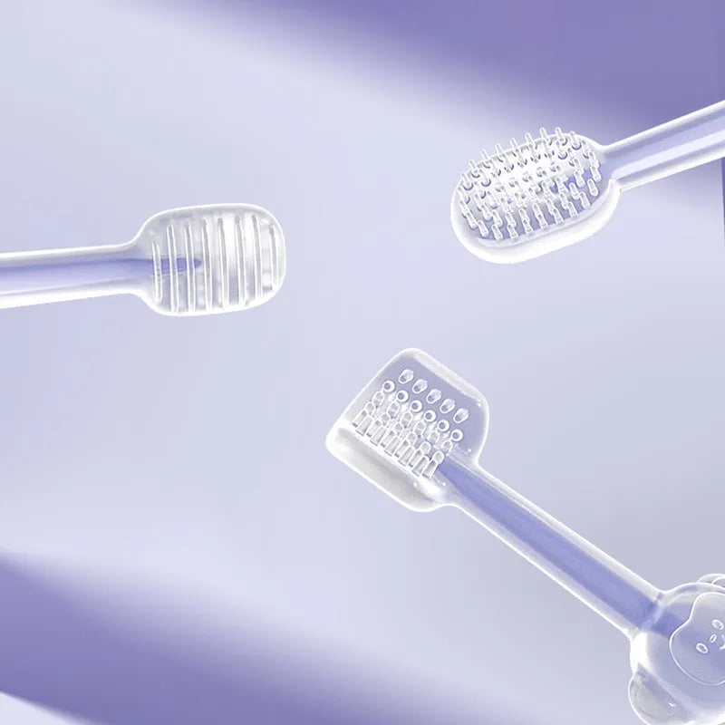 Soft silicone finger toothbrush for dog and cat dental care in purple, blue and green colours.