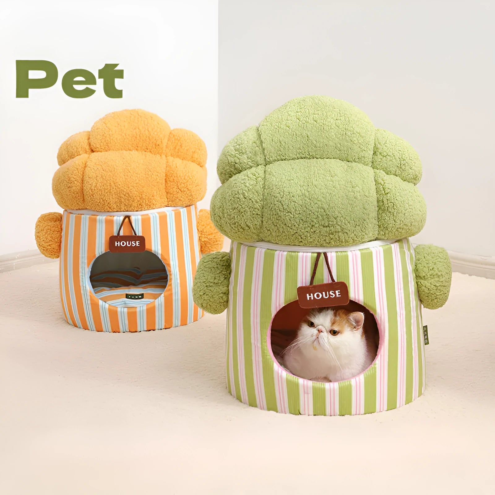 Green three-dimensional enclosed pet house with tree hole entrance for small dogs and cats