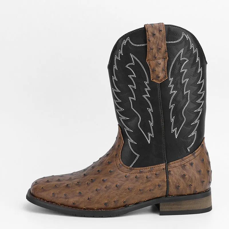 Men's black retro Western-style square toe motorcycle boots with embroidery on a mid-calf shaft.