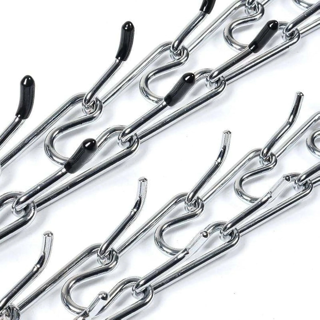Stainless steel dog pinch training collar with round links and rubber tips, shown adjustable for medium or large breeds.