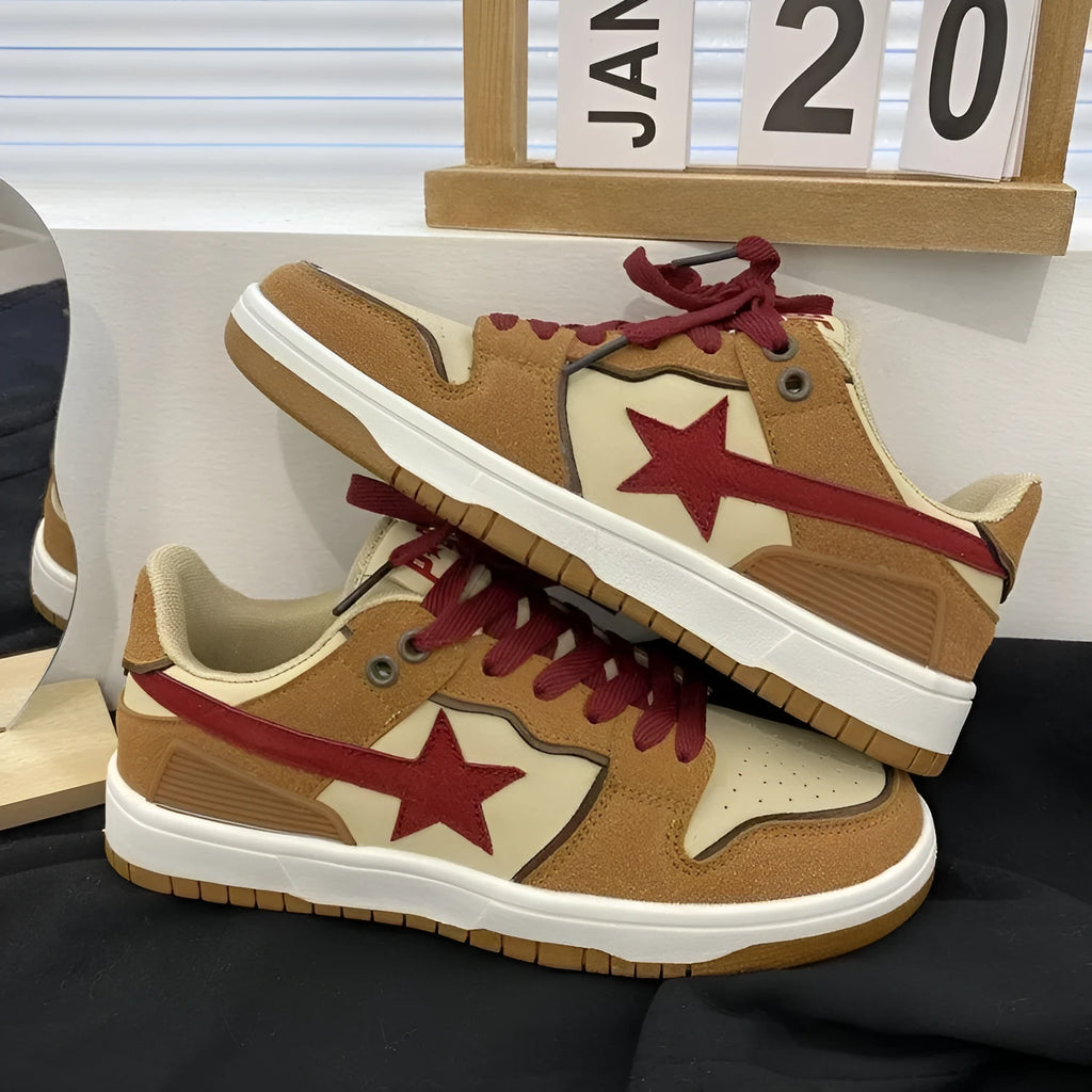 Brown women's low-top sneakers with sequin trim and platform heel on rubber sole.