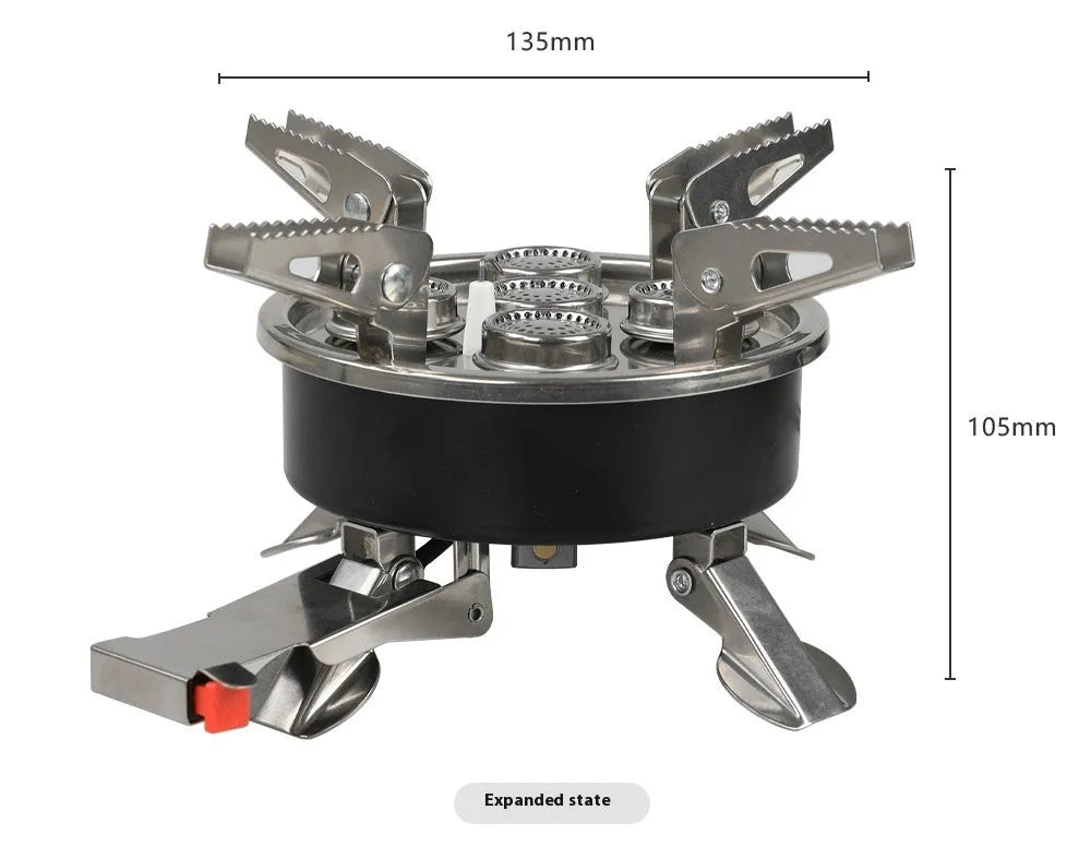 Silver portable split camping stove with stainless steel body and a long black hose, shown folded.