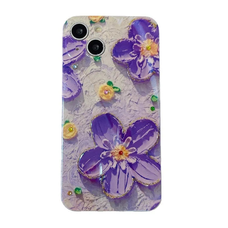 Soft rubber mobile phone case with purple oil painting flower design and inlaid diamond accents.
