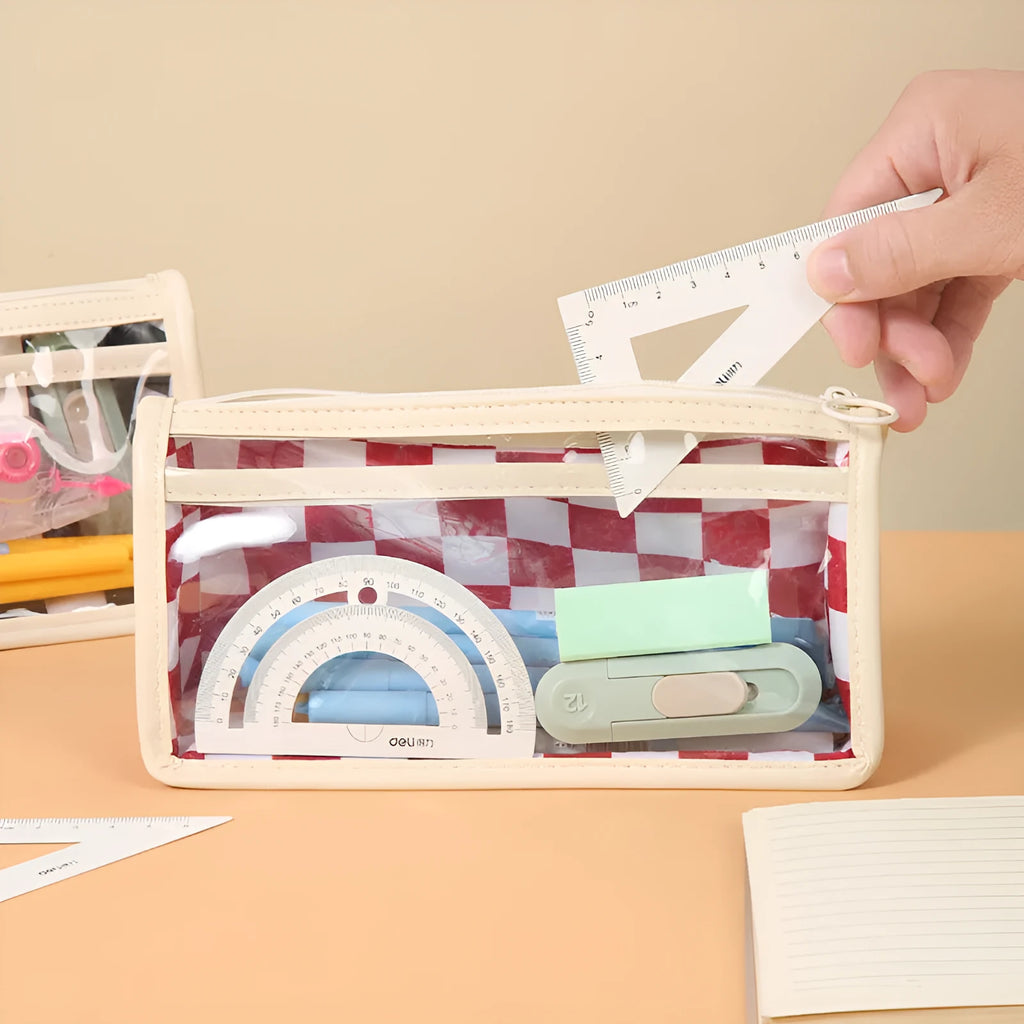 Transparent chessboard pattern PVC pencil case showing pens inside, black and white grid design