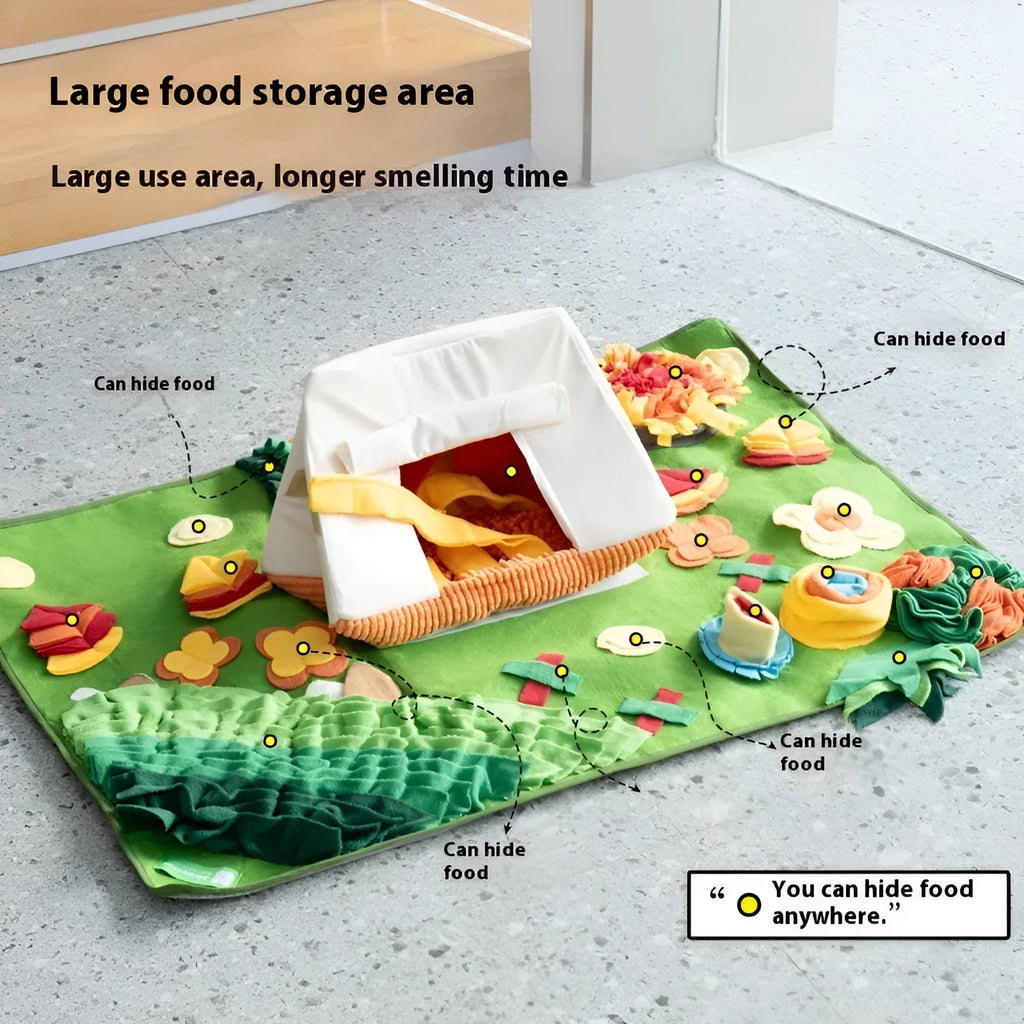 Outdoor-themed dog sniffing mat with fabric folds for hiding treats, promoting canine mental stimulation.