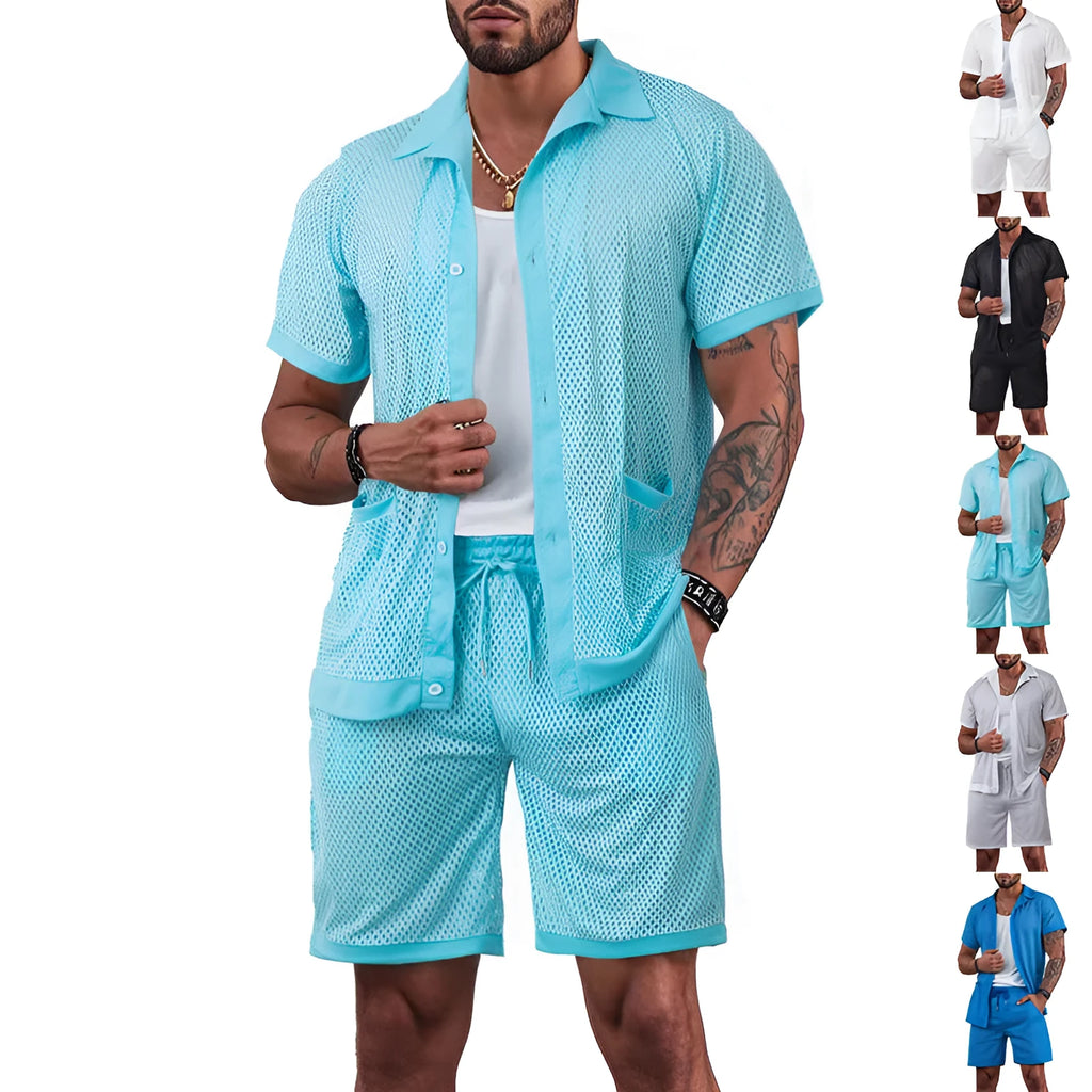 Design Beach Hawaii women's see-through short sleeve cardigan and shorts suit in lake blue.
