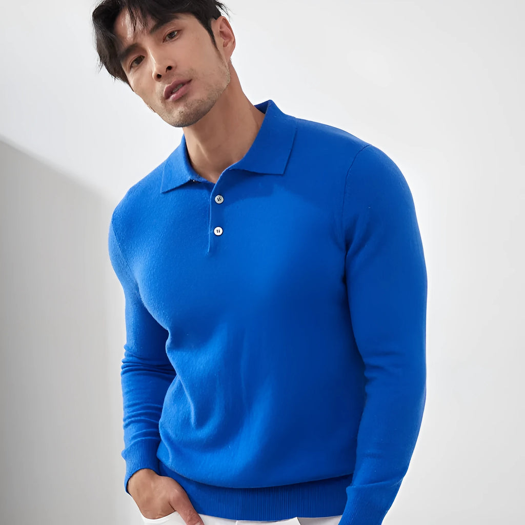 Men's cashmere polo collar pullover sweater in loose fit on mannequin
