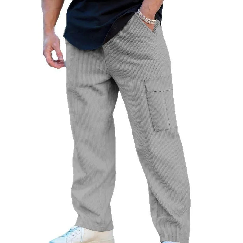 Men's corduroy cargo trousers in loose-fitting wide-leg design with drawstring waist