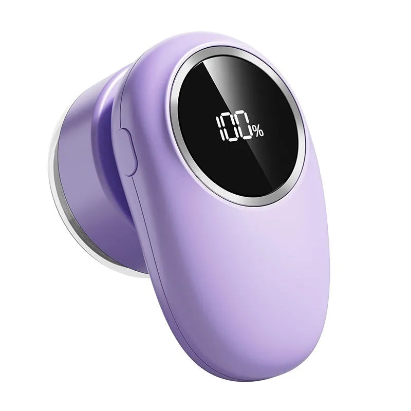 Purple and beige rechargeable fur ball trimmer with digital display and multiple cutter head options.