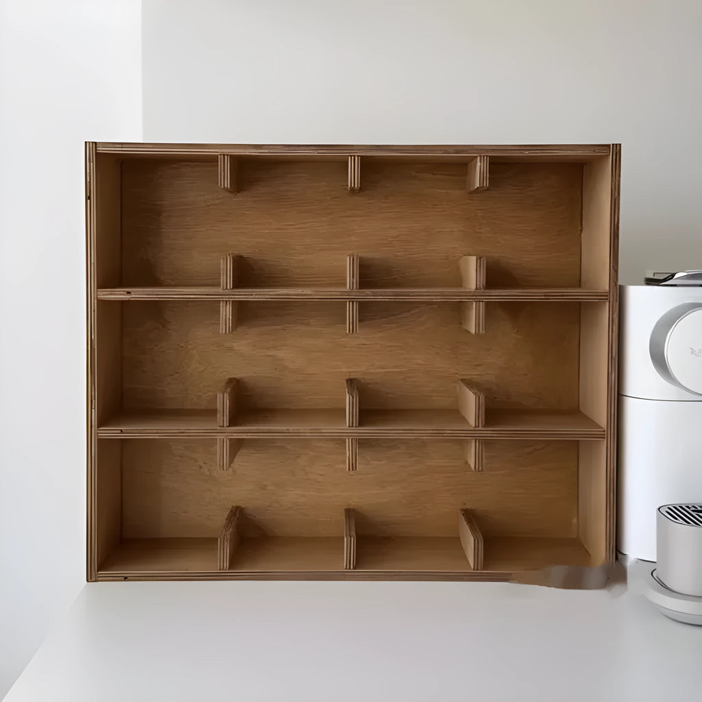 Square solid wood cup storage rack with multiple grids in birch meridian colour.