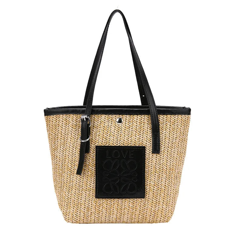 Straw woven women's shoulder bag in European retro style with three-dimensional pockets