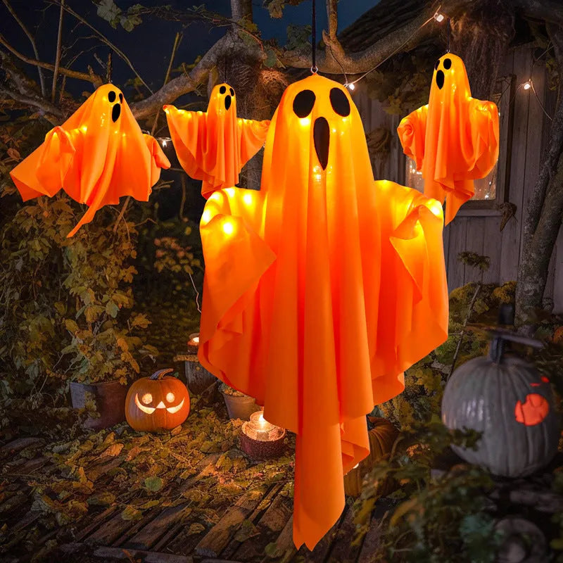 White and orange cloth ghost scream Halloween indoor party lighting with 4.5V button electronics