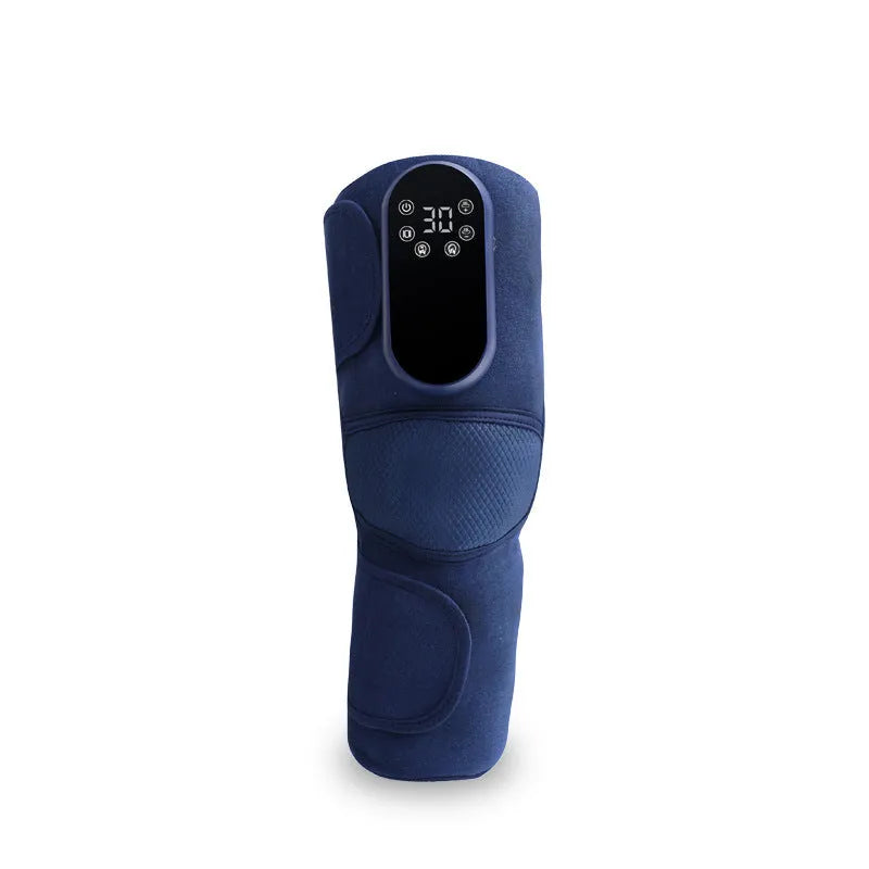 Airbag blue self-heating knee massager showing adjustable strap and control panel for heat, vibration, and air pressure functions.