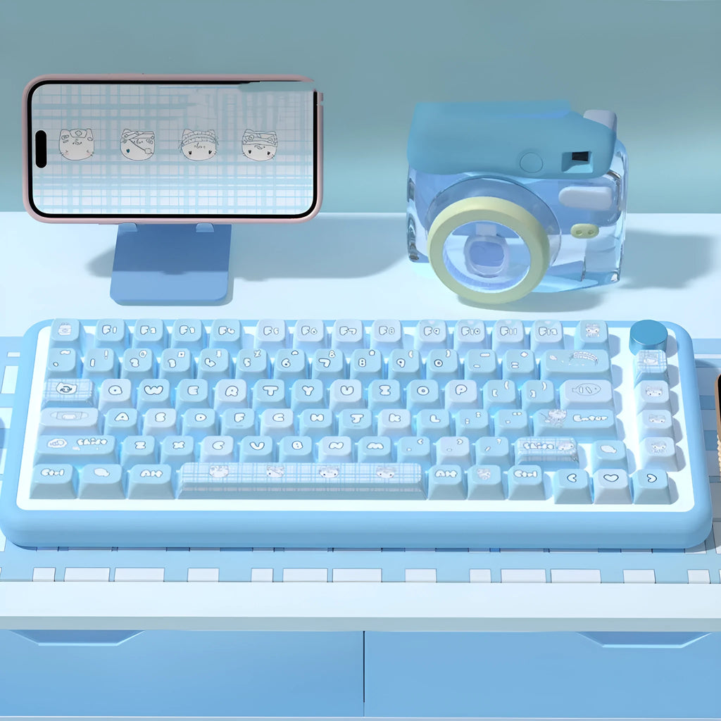 Custom watercolour cat design PBT keycap set for mechanical keyboards, showing 138 or 158 keys in a box.