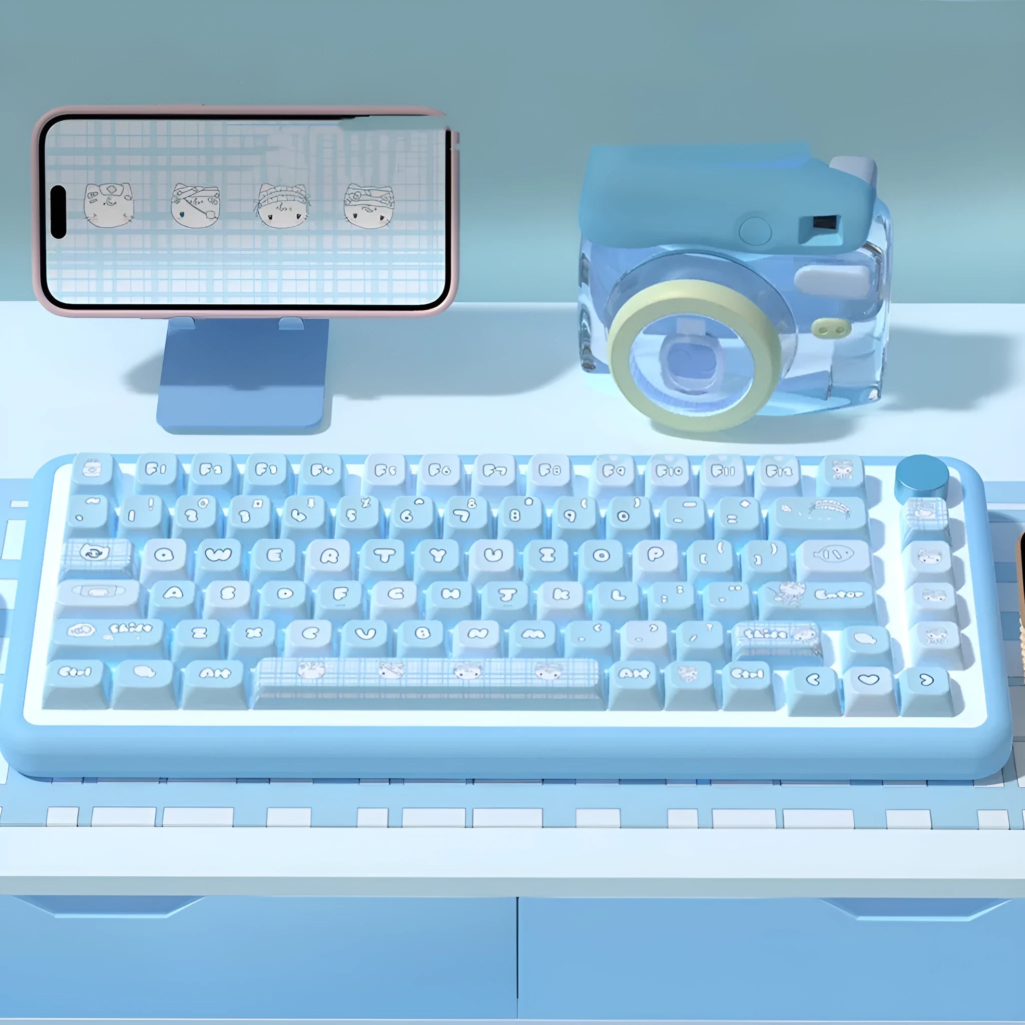 Custom watercolour cat design PBT keycap set for mechanical keyboards, showing 138 or 158 keys in a box.