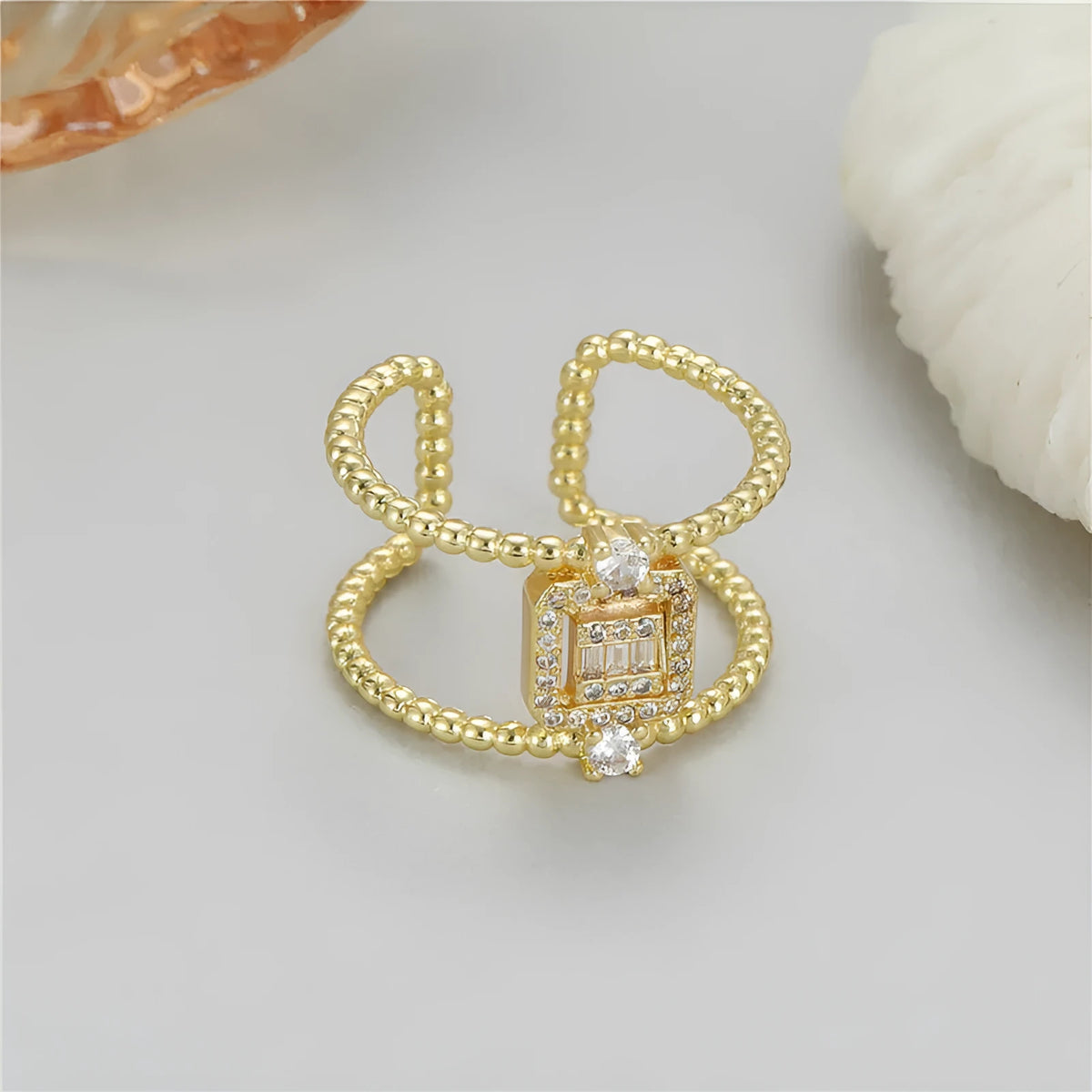 Copper open ring with 14K gold plating, U-shaped asymmetric design and adjustable opening