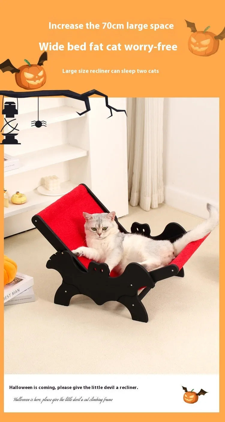 MW-054 wooden cat lounge chair pet bed black red Halloween bat pattern design