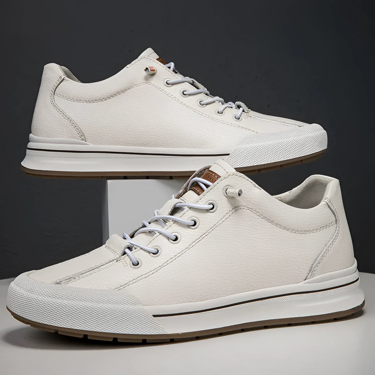 Men's white and black matte leather casual shoes with flat heel and round toe, showing hollow-out, standard, and fleece-lined versions.