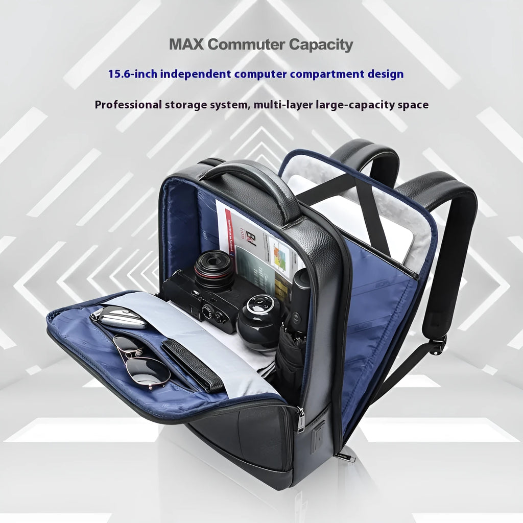 Black men's genuine leather commuter backpack with USB port and sewing line detail.