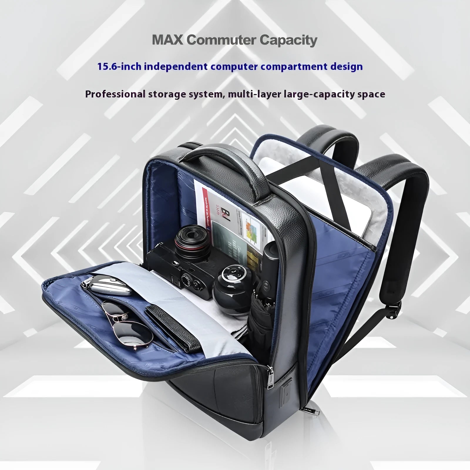 Black men's genuine leather commuter backpack with USB port and sewing line detail.