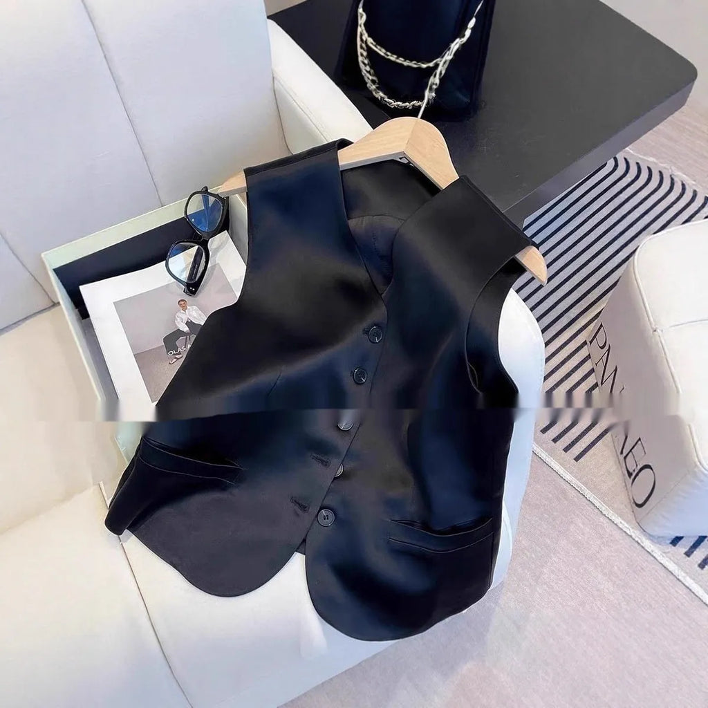 Black satin sleeveless vest for women with a loose fit and normal length.
