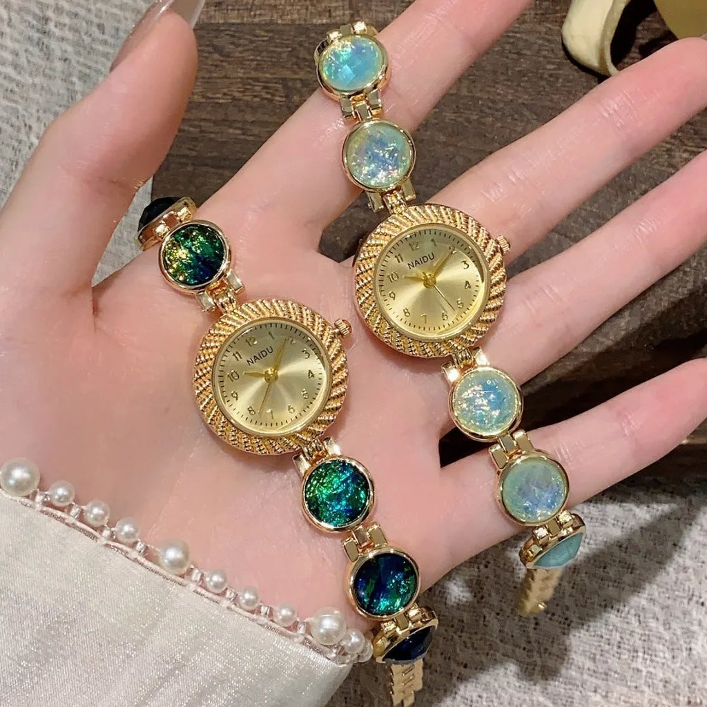 Women's round quartz watch with 25mm dial in one of six colours: milky white, dark green, purple, light green, cherry pink, or orange pink.