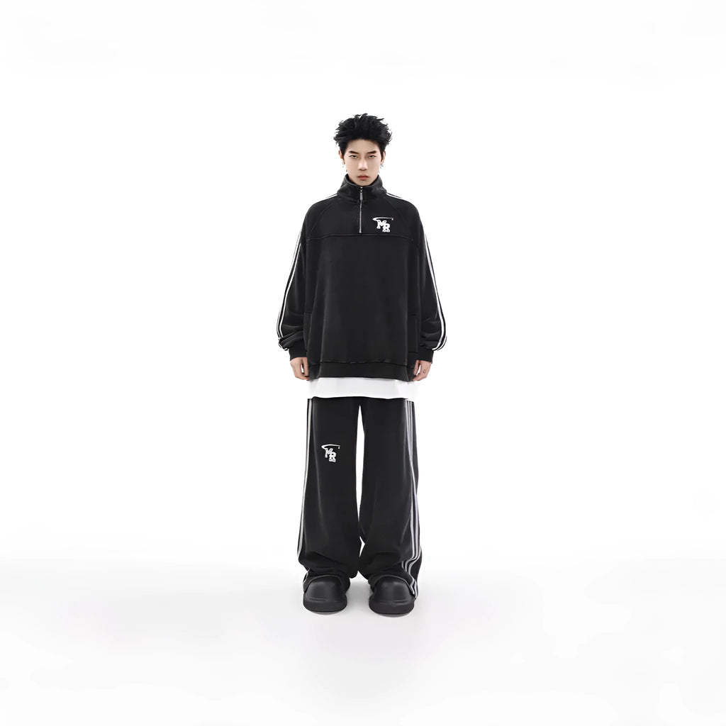 Black American retro hoodie with stand collar, Hong Kong style couple sweater jacket