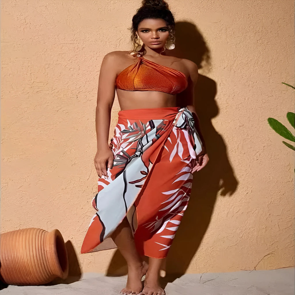 Women's brown high waisted push up bikini swimsuit with a sheer black chiffon dress overlay attached