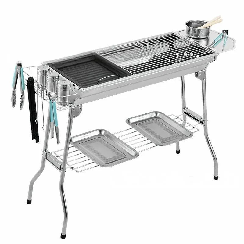 Large stainless steel portable charcoal barbecue oven with two iron grills and a safety net
