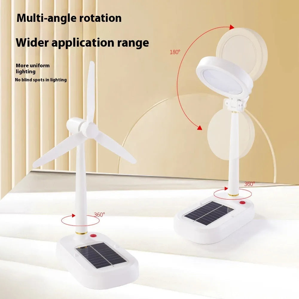 Ivory white solar-powered table fan with integrated LED desk lamp on a wooden table.