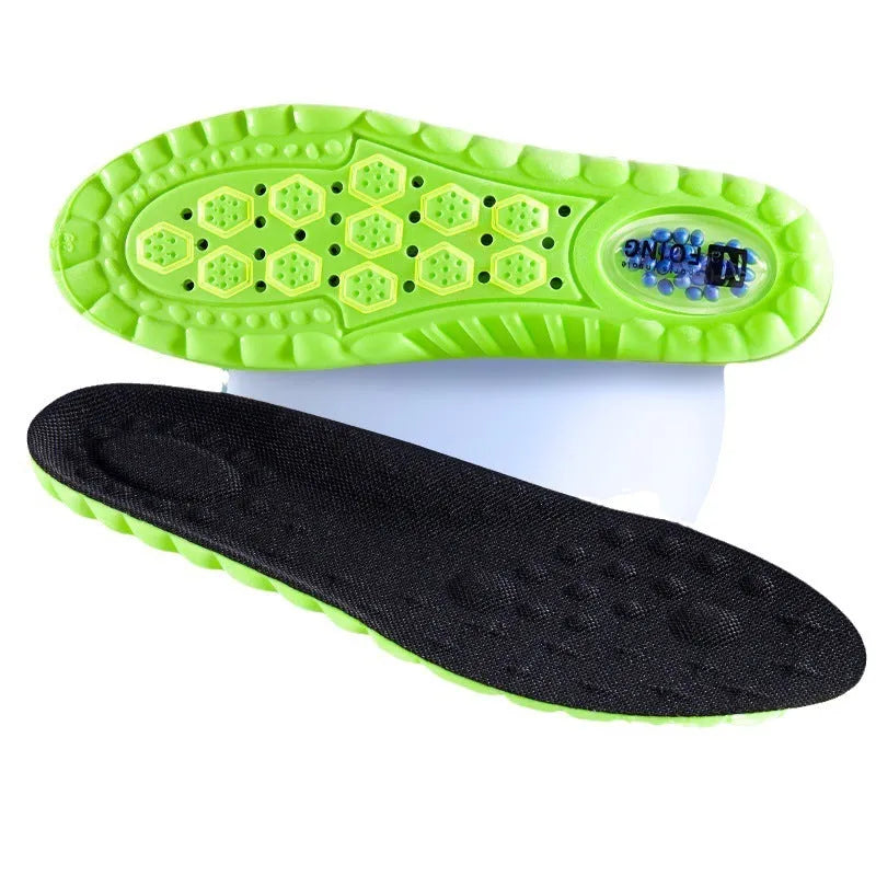 Green PU air cushion sports insoles with argy wormwood for sweat absorption, shown on a white background.
