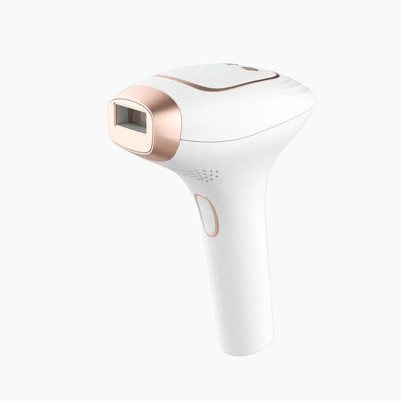 Pink and white ice-sensing laser hair removal device with shaver attachment and protective glasses