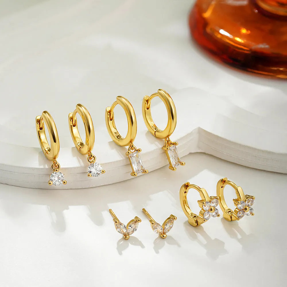 Geometric square copper earrings with zircon detailing in gold or silver four-piece sets for women