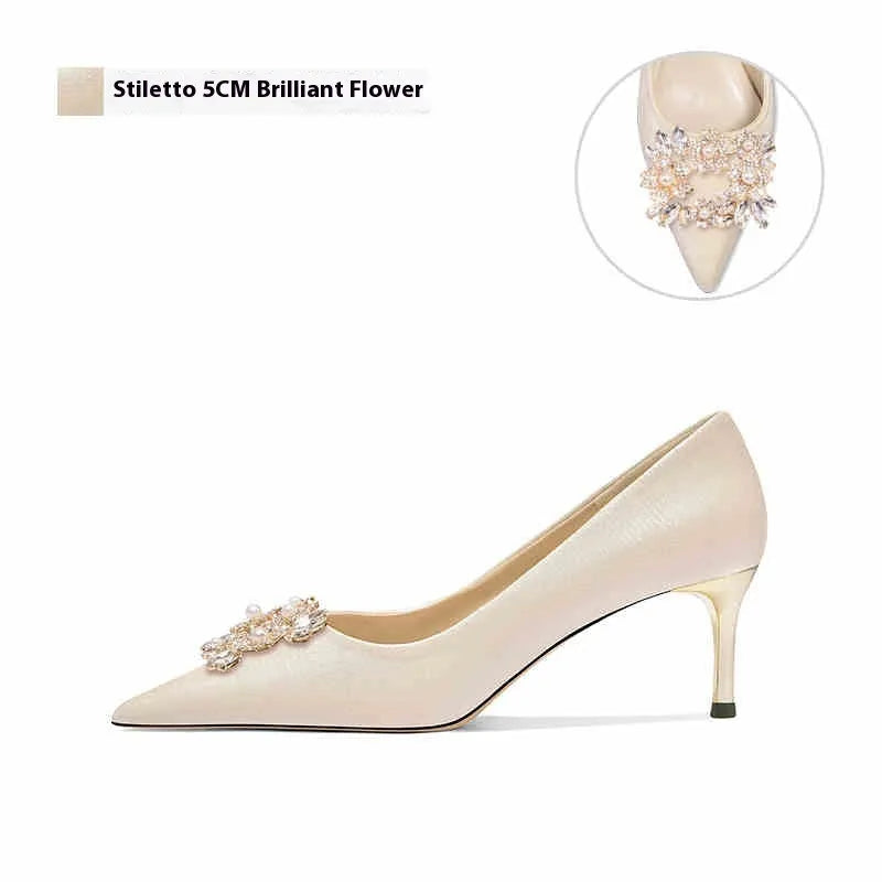 Rhinestone-decorated pointed toe bridal high heels in stiletto and kitten heel styles on a white background.