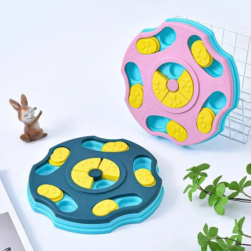 Blue and pink dog puzzle toy bowl for interactive feeding games and aggressive chewers